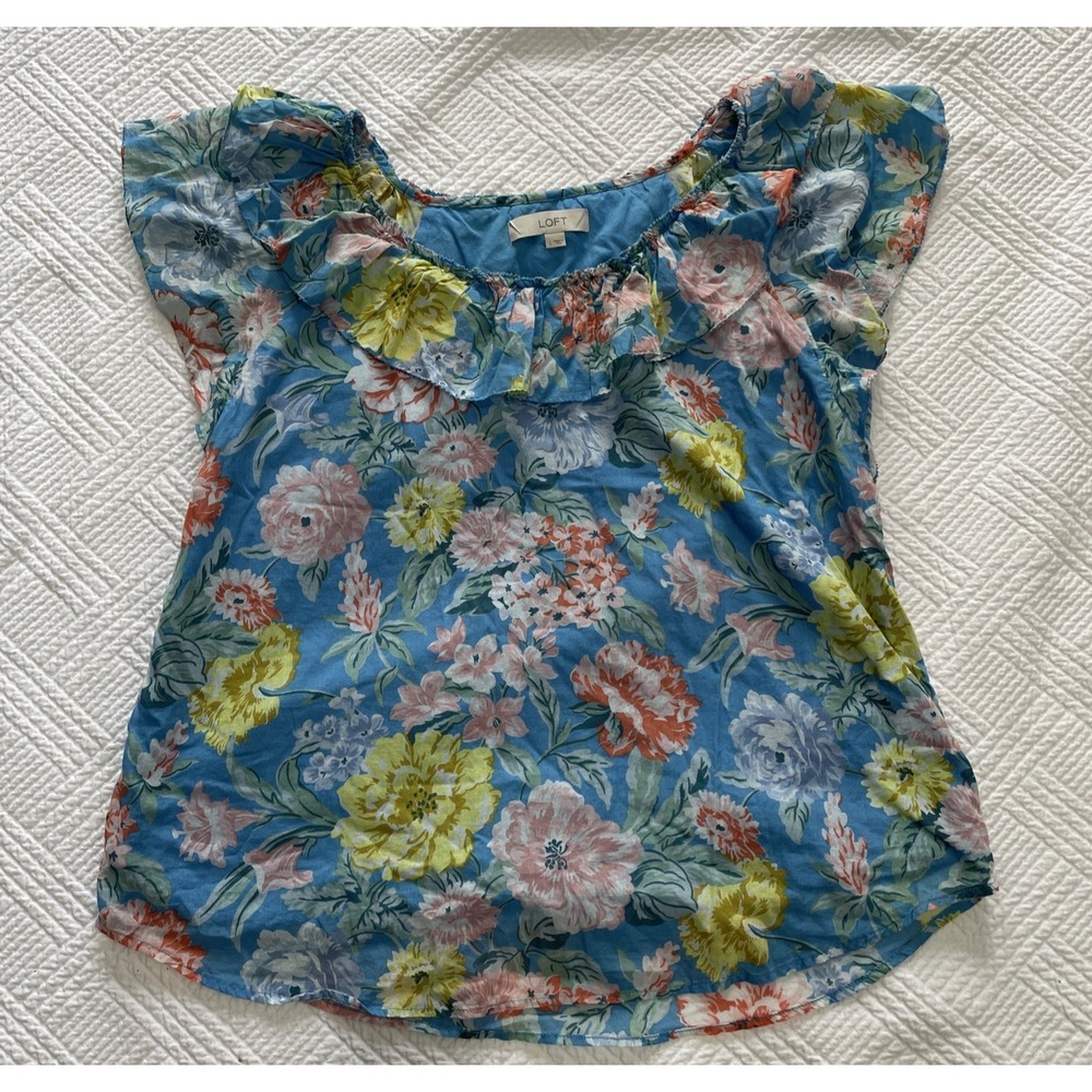 Loft Women's Shirt Large Floral Ruffle Pastels Cottage Spring Fairy Flutter Slv